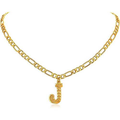 Kal-Bijou Femme Collier Initiale Plaqué Or Chaîne Figaro 40+5cm/4.5mm Pendentif Lettre De L'alphabet Choker Fille