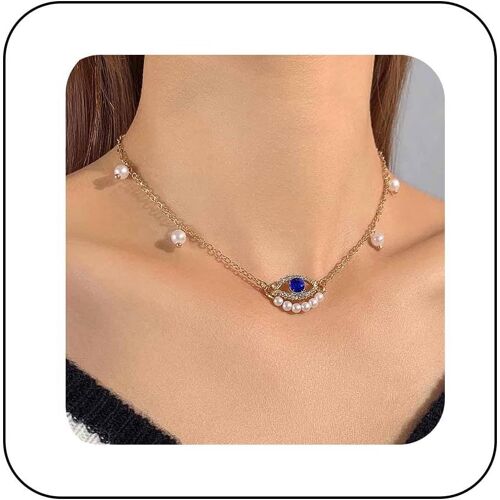 Collier De Cristal Funky Evil Eye Collier Ras Du Cou Doré Collier Pendentif Oeil De Démon Bleu Collier Boho Evil Eye Collier Charme Perle Strass Bijoux Pour Femmes Et Filles