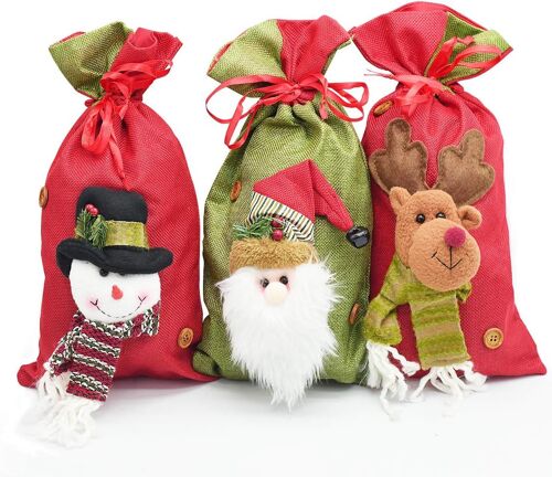 3 Packs de 15 x 8 Pouces Santa Sacs à Cordon de serrage Cadeau de Noël Sacs, 3D Conception de Tissu de Traiter les Sacs pour la Fête de Noël de Fournitures