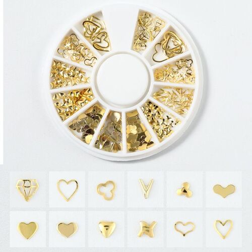 L'or et l'argent métal clou goujons des boîtes, des formes mixtes, les fleurs, les étoiles, les croissants, les pierres précieuses, les filles de l'ongle et l'ongle de bijoux, de décorations, de conseils, de manucure, ongles bijoux