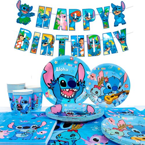 Decoration Stitch Anniversaire,Ensemble de Vaisselle de Fête Stitch Deco Anniversaire Vaisselle kit Stitch Pour 16 personnes