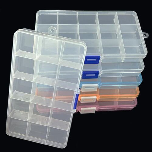 Kalanka-Lot De 6 Boîte De 15 Compartiments Rangement Plastique, Avec Transparent Séparateurs Réglables, Plastique Rangement Pour Artisanat Bijoux Perles, Pour Bijoux, Boucles, Petites Pièces