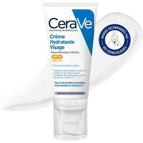Kalanka-Cerave - Crème Hydratante Visage Spf50 - Crème De Jour Avec Protection Uvb + Uva - Acide Hyaluronique, Céramide, Niacinamide, Vitamine E - Peau Normale À Sèche - 52 Ml 