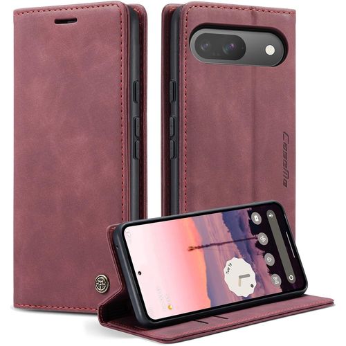 Kalanka-Coque Pour Google Pixel 9 Clapet Case En Cuir Pochette Protection Portefeuille Rabat Etui Premium Housse Porte Carte Magnétique Étui Pour Google Pixel 9, Vin Rouge