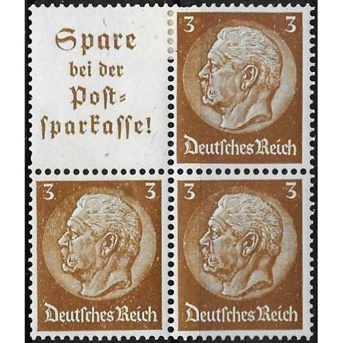 Allemagne, 3ème Reich 1933 / 36, Beau Mini-Bloc 3 Timbres Neufs**/* Yvert 484, Maréchal Hindenburg 3pf. Brun Jeune Avec Vignette Publicitaire Pour La Caisse D'Épargne De La Poste.