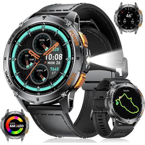 Montre Connectée Homme GPS, 180 Modes Sportifs, AMOLED 1,43"" Montre Militaire avec Lampe Torche et Boussole Altimètre, 10ATM, Batterie 530mAh, Appels Bluetooth et Suivi Santé pour Android iOS