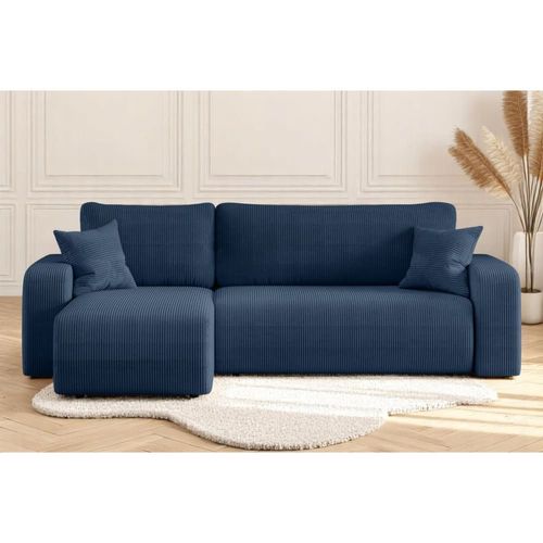 Canapé D'angle Convertible 4 Places En Velours Côtelé Bleu Foncé