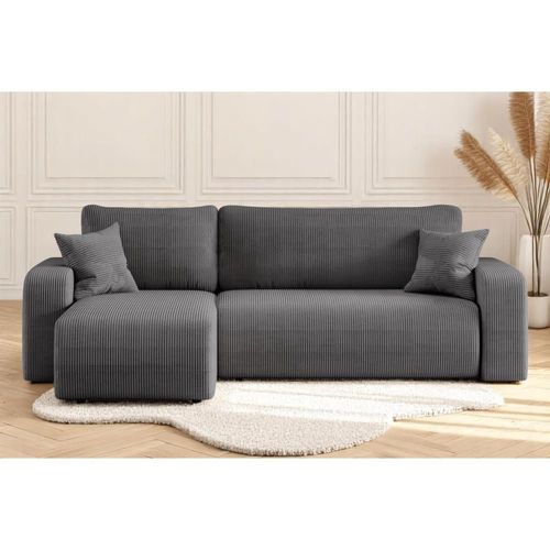 Canapé D'angle Convertible 4 Places En Velours Côtelé Gris