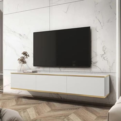 Banff Tv175 ¿ Meuble Tv, Front Lisse Blanc / Chêne Artisan, Largeur 175 Cm, Hauteur 30 Cm, Profondeur 32 Cm