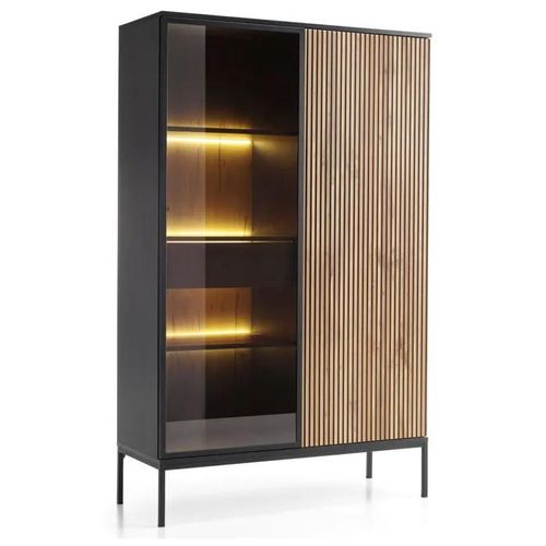 Vitrine Laval Wtsz104 ¿ Avec Eclairage Led, Noir / Chêne Wotan / Lamelle, Largeur 104 Cm, Hauteur 166 Cm, Profondeur 39 Cm