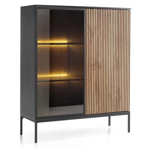Vitrine Laval Wt104 ¿ Chêne Wotan / Noir, Largeur 104 Cm, Hauteur 126 Cm, Profondeur 39 Cm, Avec Éclairage Led