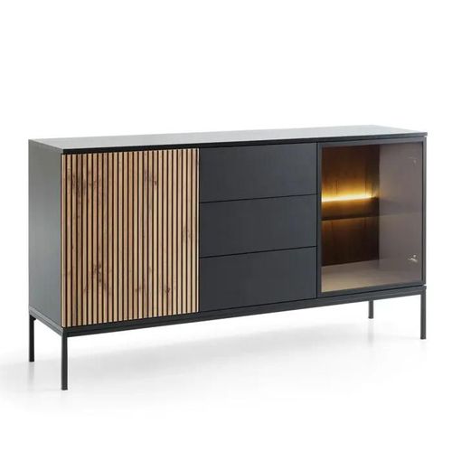 Buffet, Bahut Laval Ksz154 ¿ Chene Wotan / Noir Avec Lamelles, Largeur 154 Cm, Hauteur 83 Cm, Profondeur 39 Cm