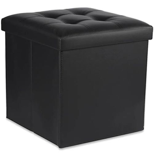 Ravello L Pouf Pliant Avec Boutons - 38x38x38cm Cuir Éco Noir