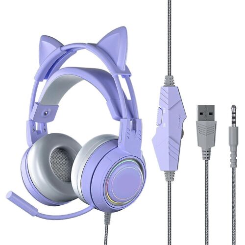 Casque d'oreille de chat avec micro de réduction de bruit pour filles Toutes les oreillettes enveloppées filaires sur l'oreille casque de jeu pour PC violet