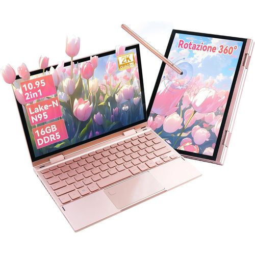 lbgwp60-Ordinateur Portable 2 En 1 Mini Écran Tactile 360 °|Celeron N95|16 Go Ddr5|2000 X 1200 Fhd|Win11|Ultraportable|Stylus|Batterie Longeve|Travail Et Divertissement (16 + 960 Go)