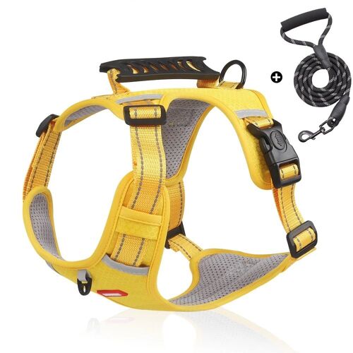 Harnais Réglable Pour Chien Avec Poignée De Contrôle, Sangles Réfléchissantes, Matériau Durable Et Respirant - Jaune - L - Recommandé 14 Kg - 22,5 Kg