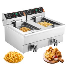 Mevronisshop-Friteuse Électrique Commerciale 2 Cuves De 12 L 6000 W Friteuse À Huile En Inox Avec 2 Paniers À Frire Température Et Temps Réglable 50-200 °C Pour Rondelles D'oignon Poulet Frit Snack-B