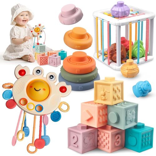 KALANKA-Jouet Montessori Bebe 4 en 1 - Corde à Tirer Jouets Sensoriels, Cube Souples a Empiler, Bébé Anneaux à Empiler, Cube Montessori Bebe - Jouets D'éducation Précoce, Cadeaux pour Bébés