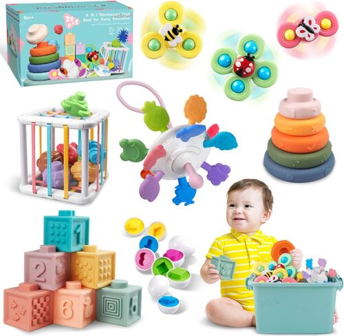 JGD-Jouets Bébés pour, Montessori Jeux Bébé Eveil, Jouets sensoriels, 6 en 1 avec Bebe Cube d'activité, ?ufs à associer, Jouet à Ventouse à Rotation (6 in 1)
