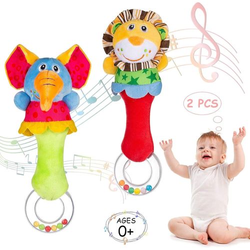 TDRFL-Hochets Pour Bébé,2Pcs Bébé Jouet Hochet Peluche Multicolore D'Éveil Éducatif Convient Poussette Berceau Animales Jouets Jouets Musicaux Pour Nouveau-Nés De 0 À 12 Mois (Éléphant,Lion)
