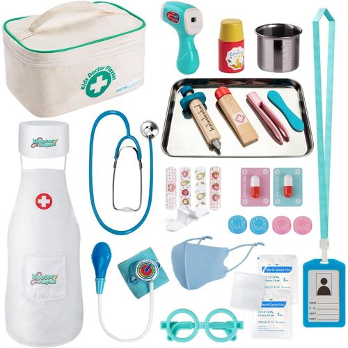 ERYI-Malette Docteur Enfant - Avec Stéthoscope, Seringue, Thermomètre Infrarouge Et Beaucoup D¿Autres Accessoires En Bois, Jouet D'Imitation Dès 3 Ans