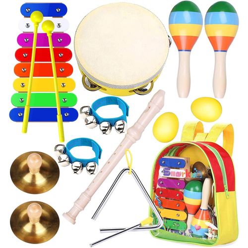 TDRFL-Instruments De Musique Pour Enfants Professionnel Jouets Musicaux Educatifs Bois Percussion Pour Bébé Avec Xylophone Tambourin Triangle Flûte Et Autre Instrument Jouets Avec Sac De Transport