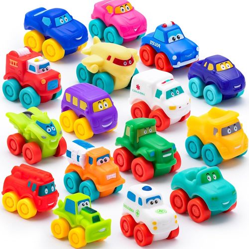 JGD-16 pièces Voitures de Dessin animé, Voiture Jouet en Caoutchouc Souple, Mini véhicules Jouets, Voiture Jouet de Bain pour Les Tout-Petits, Cadeau pour garçons et Filles, Anniversaire de Noël