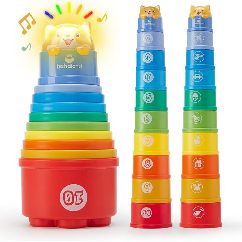 Jouet Bebe 1 an Gobelet à Empiler Bébé avec Lumière et Son Chiffres et Formes comme Jouets de Bain, Jeux Montessori Jouets de Plage pour Enfant 1 2 3 an Garçon Fille - 10 PCS