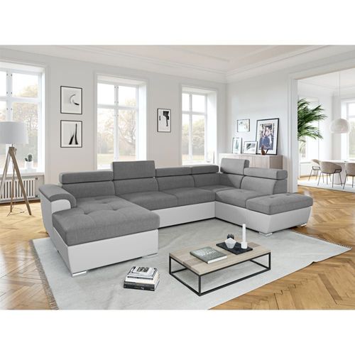Canapé D'angle Panoramique Simili/Tissu Blanc/Gris - Méridienne 199cm