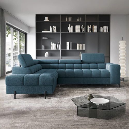 Canapé D'angle Gauche Convertible 5 Places En Velours Bleu