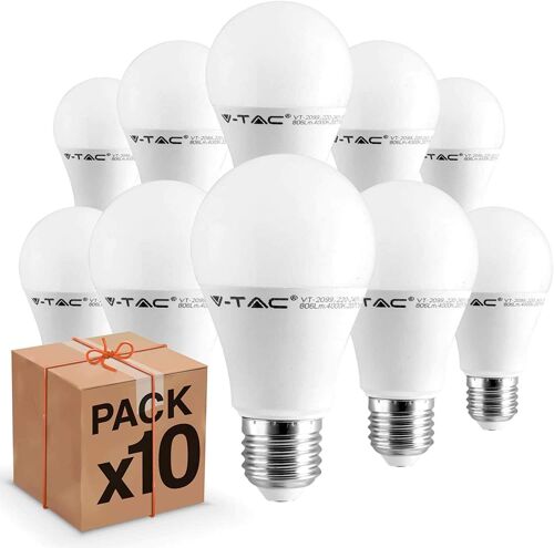 V-Tac Ampoule Led E27 9w 806 Lumens Équivaut Ampoule À 60w, Lot De 10 Ampoules Led E27, E27 Led Forme Bulbe, Ampoule E27 Blanc Chaud, Naturel Ou Froid - Blanc Froid [Classe Énergétique A+]