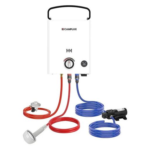 CAMPLUX First 5L Chauffe-Eau à Gaz Portable avec Pompe à Eau, Butane (28-30 mbar)/ Propane (37 mbar), pour Douche Camping, F5 Pro