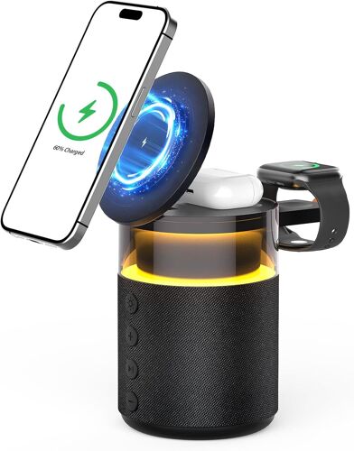 Enceinte Bluetooth 3 En 1 Lampe De Nuit Chargeur Sans Fil 15W \U2013 Lampe De Chevet Tactile Réglable, Bluetooth 5.4, Lumières Ambiantes (Noir)