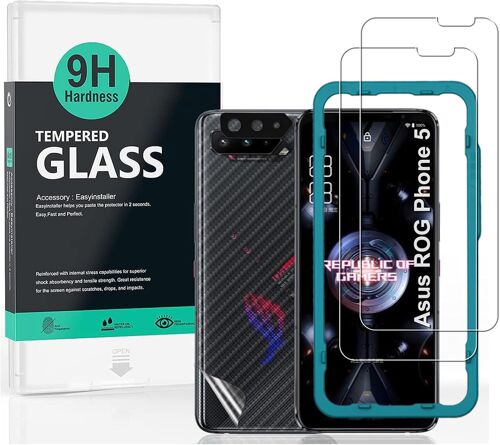 2 Pièce Verre Trempé pour ASUS Rog Phone 5/5 Pro/5s/5s Pro,avec Protecteur D'écran de Caméra,Protection arrière Effet Fibre de Carbone