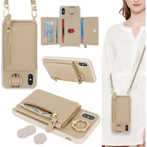 KAL-Coque Pour Iphone X/Xs Etui Avec Cordon Collier Sangle Réglable,Housse Avec Anneau Étui Iphone X/Xs Portefeuille Avec Porte Carte Pochette - Beige