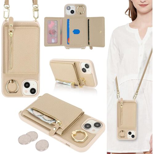 KAL-Coque Pour Iphone 14 Etui Avec Cordon Collier Sangle Réglable,Housse En Cuir Avec Anneau Étui Iphone 14 Portefeuille Avec Porte Carte Pochette - Beige