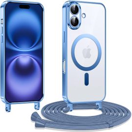 Coque Transparente Antichoc Pour Iphone 16 Plus 6,7 Pouces - Compatible Magsafe (Magnétique), Cordon Réglable Amovible, Protection Caméra - Bleu