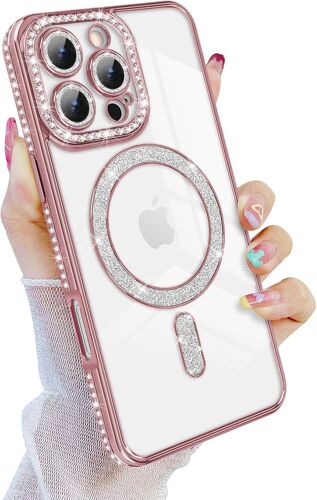 TRAHOO-Coque pour iPhone 16 Pro Max, Paillettes Bling Luxe Diamant Housse 6,9 Pouces Compatible avec MagSafe TPU Flexible Dos Mignonne Antichoc Protection pour iPhone 16 Pro Max Rose