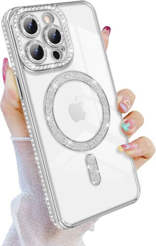 KALANKA-Coque à Paillettes iPhone 15 Pro Max Compatible avec Magasfe, Coque Magnétique de Luxe Diamant pour Filles Femmes, Coque de Protection Transparente TPU Souple pour iPhone 15 Pro Max-Argent