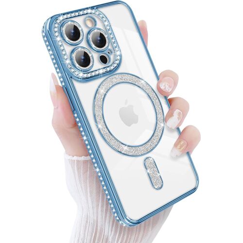 TRAHOO-Coque pour iPhone 15 Pro, Paillettes Bling Luxe Diamant Housse 6,1 Pouces Compatible avec MagSafe TPU Flexible Transparente Dos Mignonne Antichoc Protection pour iPhone 15 Pro Bleu