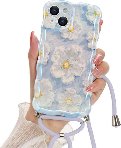 Coque Pour Iphone 15 En Silicone Tpu Avec Collier Réglable Avec Cadre Ondulé Bouclé/Fleur Colorée Florale Mignon Case Antichoc Avec Cordon Tour De Cou Lanière En Corde Pour Iphone 15,Bleu