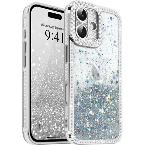 Ppdaz-Coque Pour Iphone 16 Plus Transparente Pente Glitter C?ur Paillettes Avec Cristal De Luxe Brillant Diamants Coque Pour Femme Fille Housse Bumper Silicone Protection Antichoc Cover, Argent