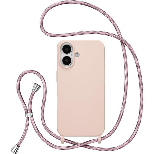 Coque avec Cordon pour iPhone 16, Étui Housse Silicone Liquide avec Chaîne Collier Antichoc Protection Cover avec Bandoulière Réglable Lanyard Coque pour iPhone 16, Rose