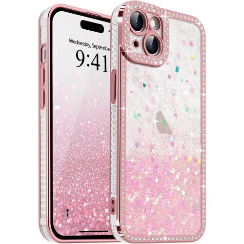 KALANKA-Coque pour iPhone 15 Transparente Pente Glitter Coeur Paillettes avec Cristal de Luxe Brillant Diamants Coque pour Femme Fille Housse Bumper Silicone Protection Antichoc Cover, Rose