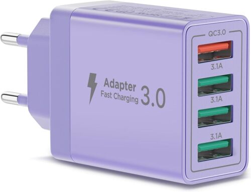 Prise USB Secteur, Embout Chargeur USB pour iPhone, Samsung Xiaomi Sony LG Smartphones, iWatch, appareils Photo, tablettes, MP3 etc, Prise Universel Adaptateur Secteur USBA Multiple Rapide (Violet)