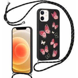 Eryi-Coque Pour Apple Iphone 12/Iphone 12 Pro 6,1"" Avec Cordon, Aesthetic Motif Réglable Collier Housse, Silicone Étui Bumper Protection Case Avec Corde Lanyard Pour Iphone 12/12 Pro, Papillon1