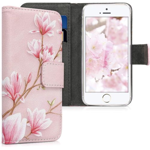 Coque Portefeuille Compatible Avec Apple Iphone Se (1.Gen 2016) / Iphone 5 / Iphone 5s Coque - Étui À Rabat Tissu Similicuir Compartiment Cartes - Rose Clair-Blanc-Rose Ancien