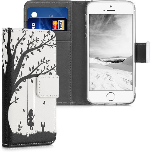 KAL-Coque Portefeuille Compatible Avec Apple Iphone Se (1.Gen 2016) / Iphone 5 / Iphone 5S Coque - Étui À Rabat Tissu Similicuir Compartiment Cartes - Noir-Blanc