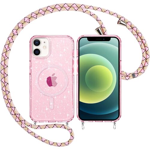 SJZG-Coque Magnétique À Paillettes Avec Cordon Pour Apple Iphone 12/12 Pro 6,1\U201D-Compatible Avec Magsafe Étui Colliers Housse Glitter Tpu Transparente Brillant Cover Pour Iphone12 Pro Case, Rose