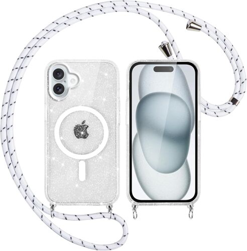 LORANKA-Couqe Magnétique pour iPhone 16 Con Cordon 6,1"", Compatible avec MagSafe, Transparent Glitter Pailleté Antichoc Anti-Rayures Housse Réglable Collier Bumper Case pour iPhone 16, Blanc